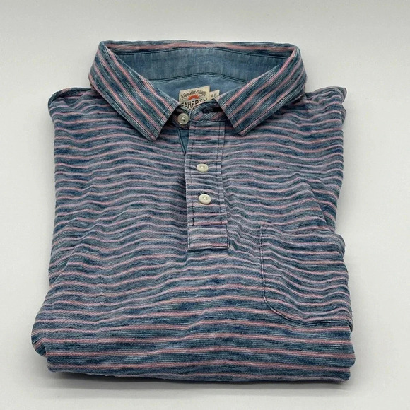 Faherty Brand Men’s Polo Shirt Striped Natural Indigo Dyed Blue/Red Sz XL - Picture 1 of 17
